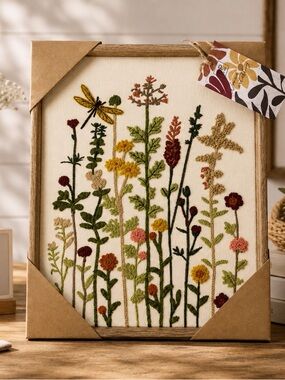 BP Home Embroidered Textile Wall Art 12x15 Wildflowers Dragonfly Framed NWT NEW
